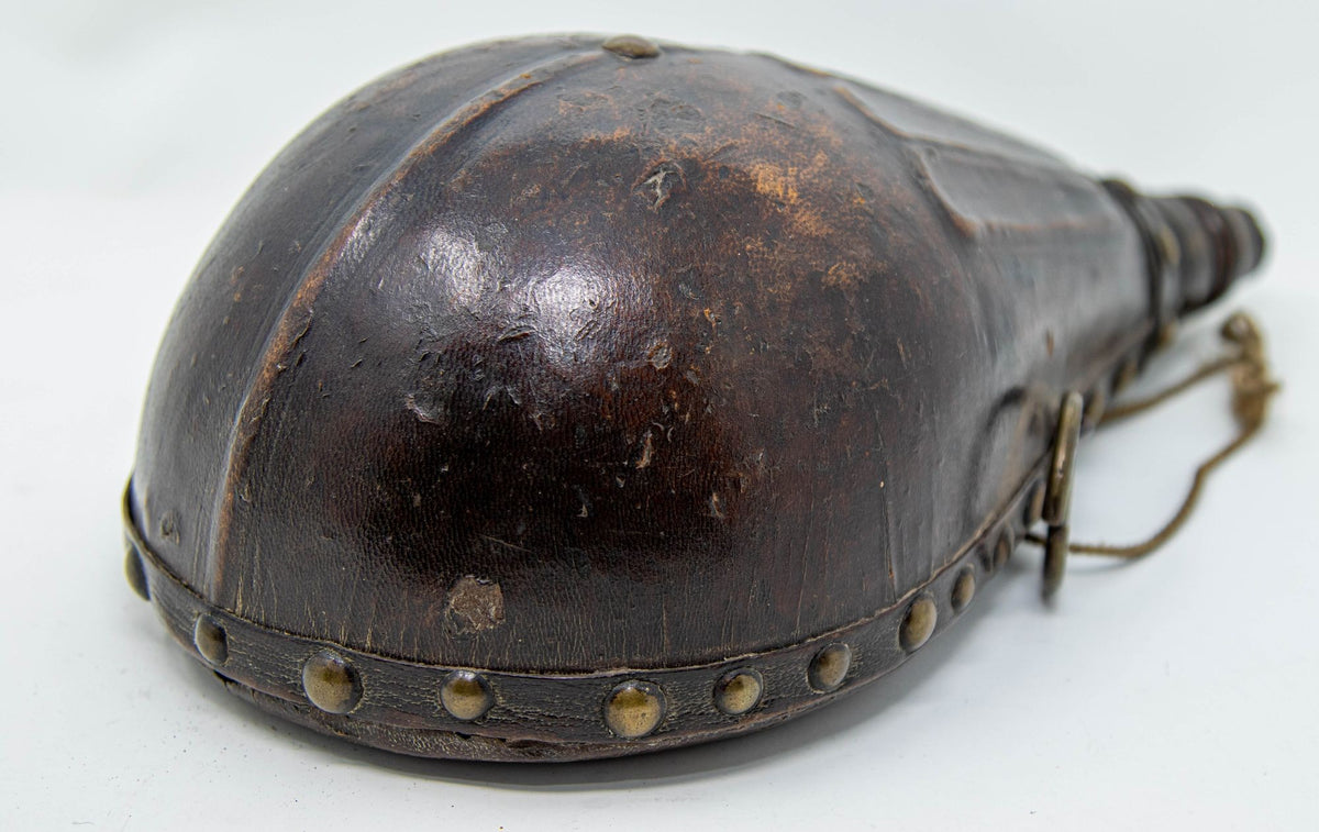 Antique Moroccan Carved Wood and Tooled Leather Powder Flask, 19th Century