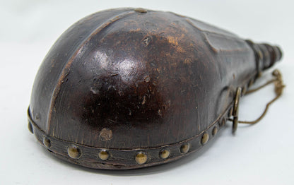Antique Moroccan Carved Wood and Tooled Leather Powder Flask, 19th Century