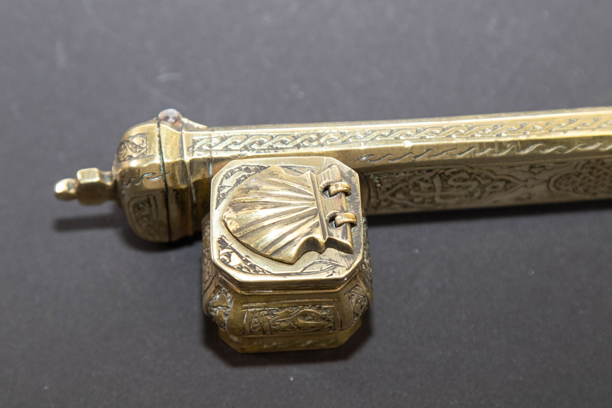 Antique 19th C. Ottoman Turkish Brass Inkwell Qalamdan with Arabic Calligraphy Writing
