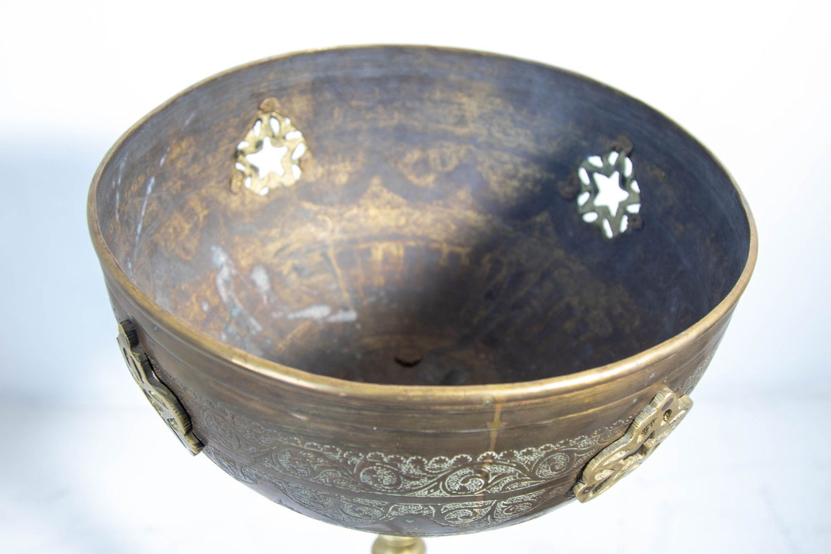 Monumental Moroccan Engraved Brass Tea Kettle on Stand