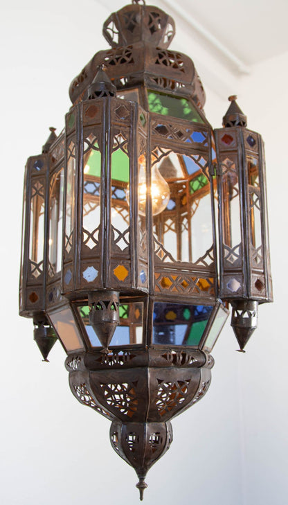 Vintage Moroccan Traditional Moorish Metal and Glass Lantern Ceiling Light