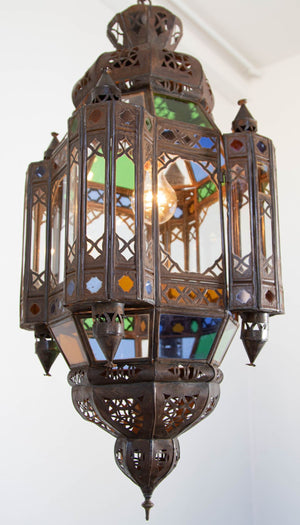 Vintage Moroccan Traditional Moorish Metal and Glass Lantern Ceiling Light