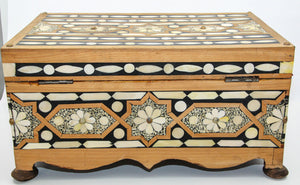 Moroccan Dowry Box Inlaid with White Camel Bone Rectangular Carved Wood Trunk