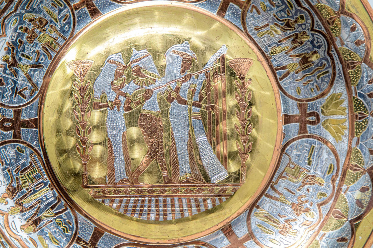 Egyptian Round Brass Tray with Silver and Copper Overlay Wall Hanging 1970