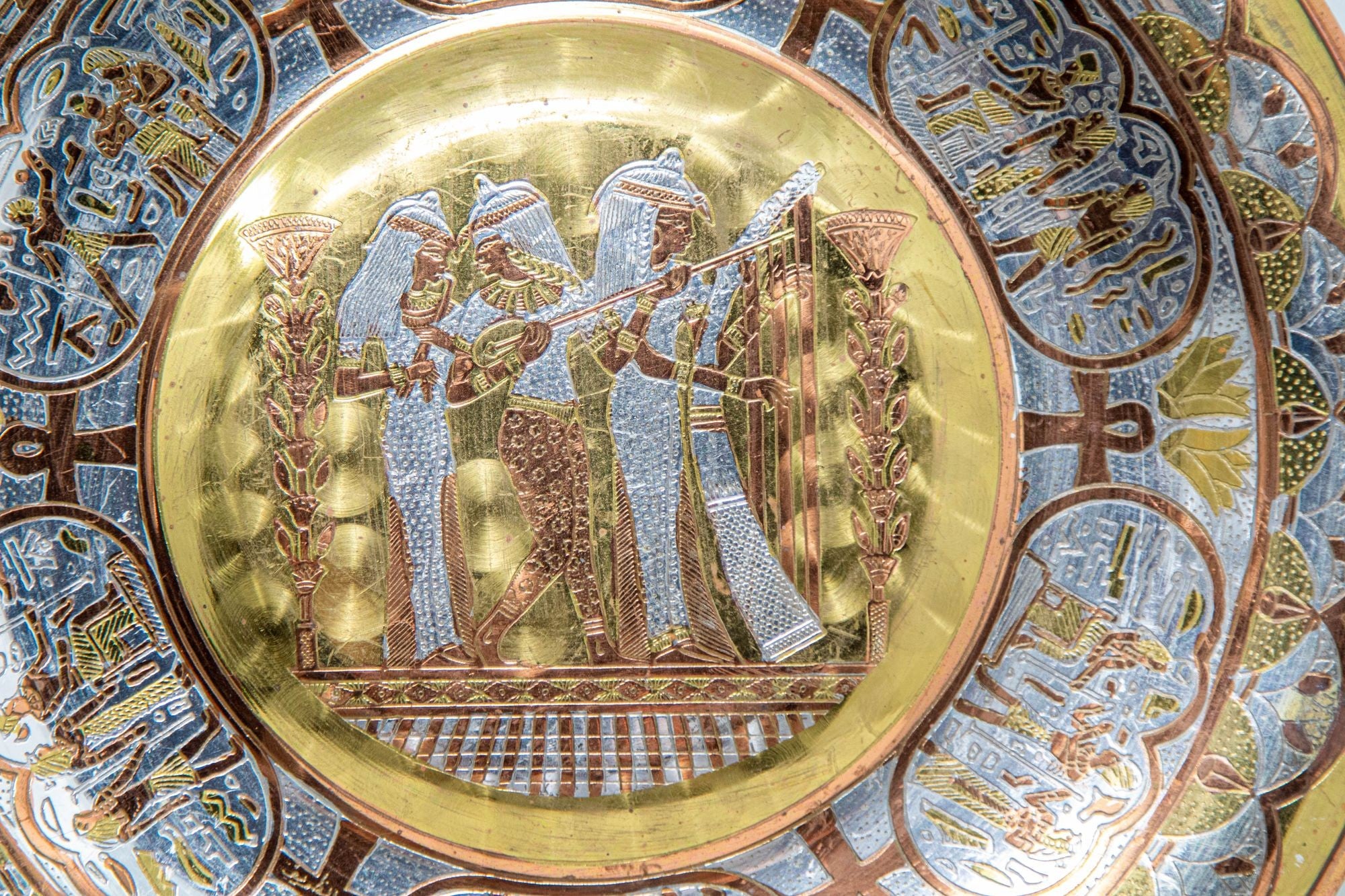 Egyptian Round Brass Tray with Silver and Copper Overlay Wall Hanging 1970