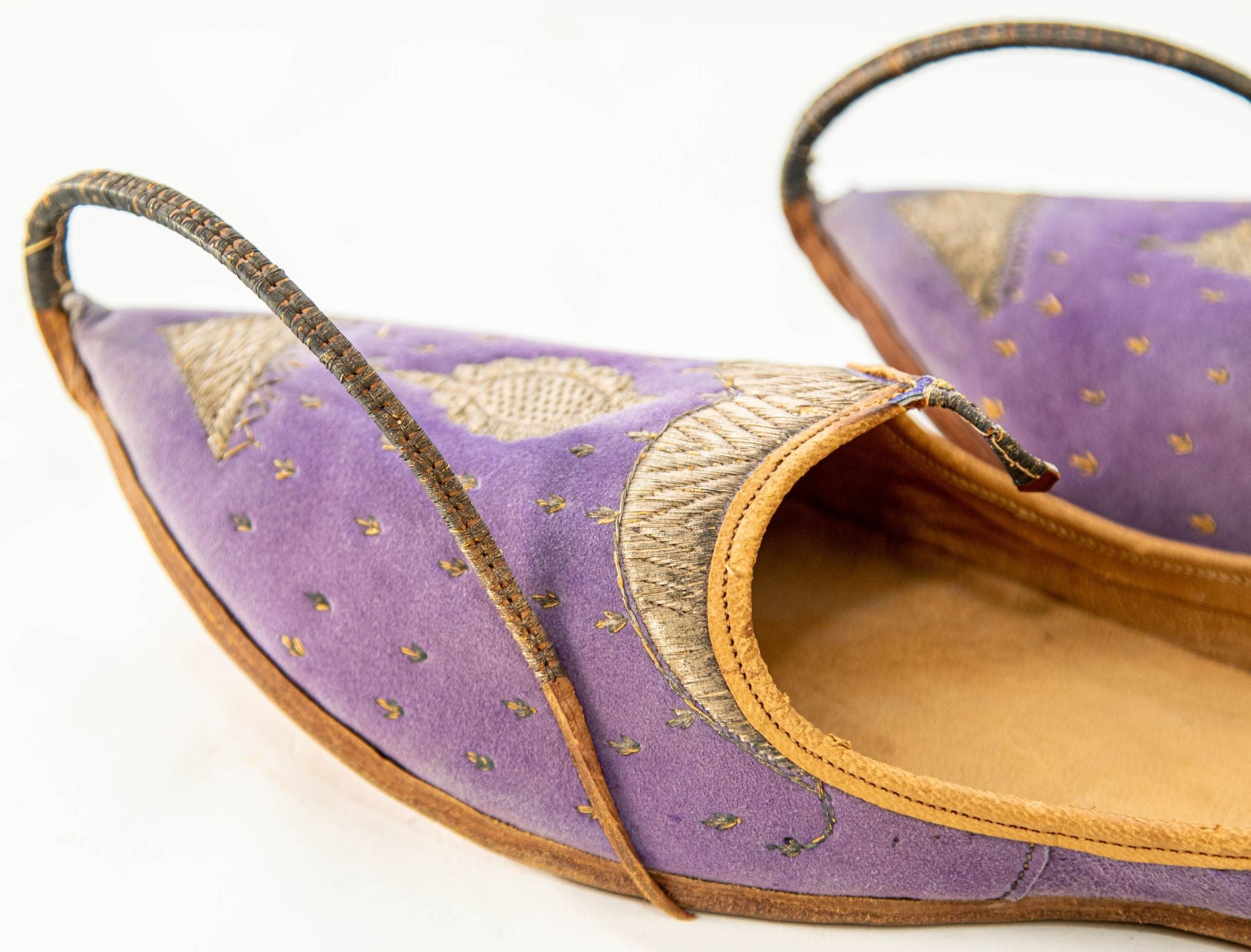 Antique Leather Purple Velvet Suede Mughal Raj Moorish Shoes Gold Embroidered