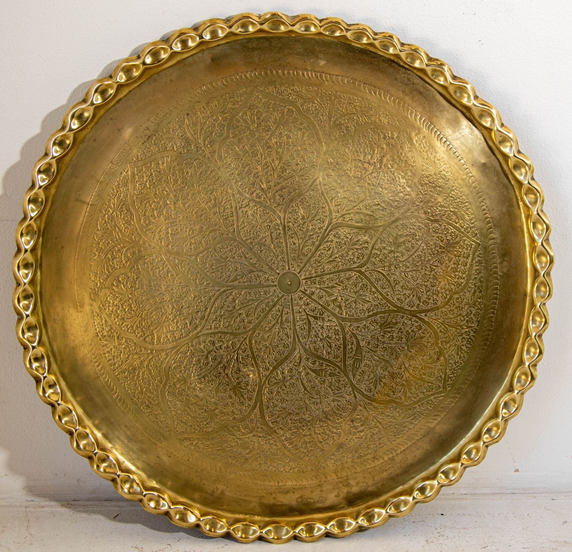 Antique Islamic Mughal Rajasthani Large Moorish Round Brass Tray with Crest Edges 30 in.