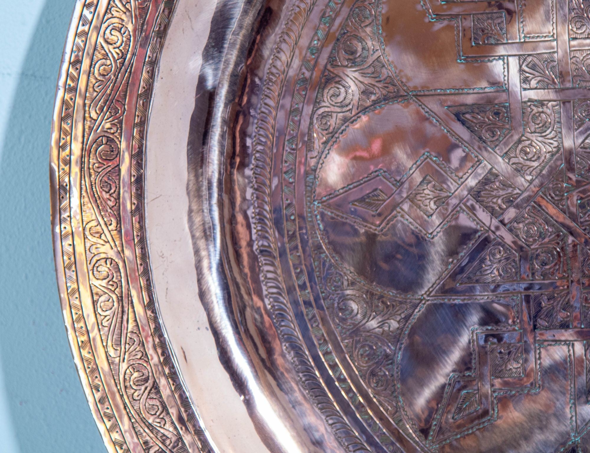 1920s Antique Hand Tooled Oversized Moroccan Metal Copper Tray 31 in. D.