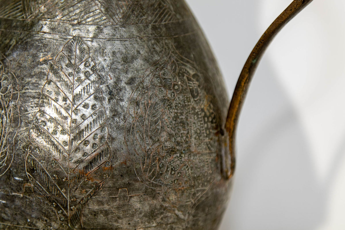 19th Century Persian Qajar Engraved Tinned Copper Ewer Pitcher