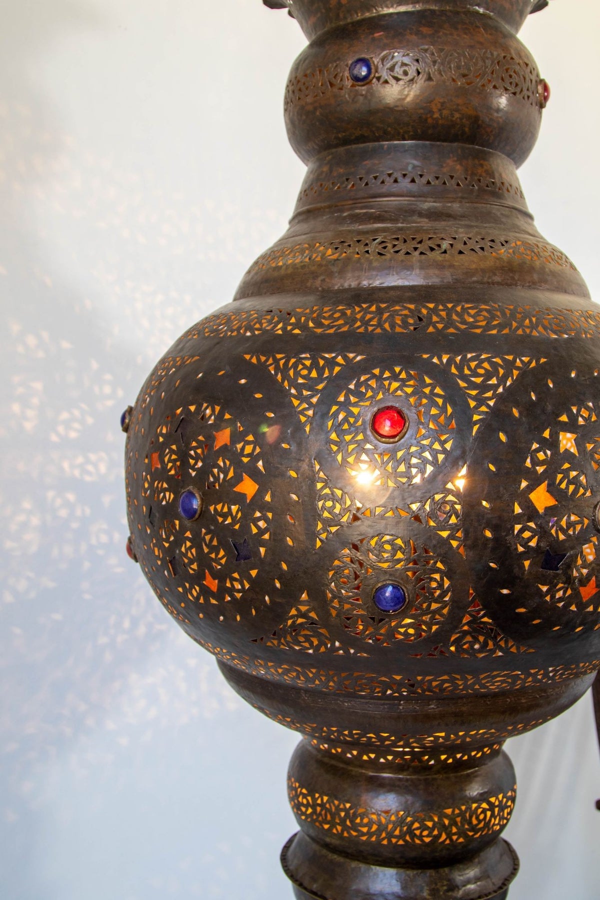 Large Moroccan Moorish Pierced Brass Chandelier with Colored Glass, circa 1940