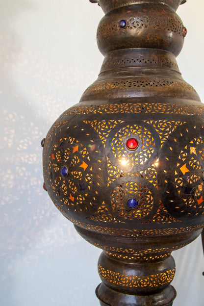Large Moroccan Moorish Pierced Brass Chandelier with Colored Glass, circa 1940