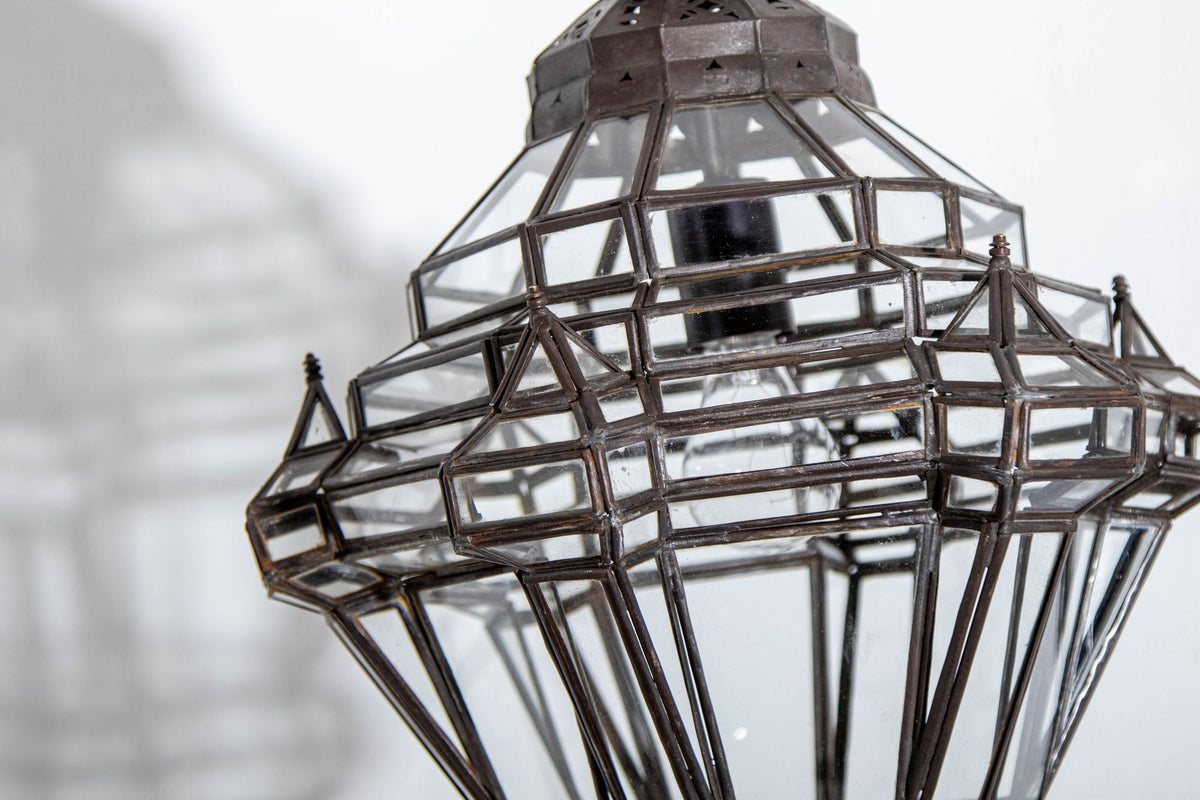 Vintage Moroccan Glass Lantern, Moorish Style Metal Fixture, 1980s