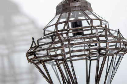 Vintage Moroccan Glass Lantern, Moorish Style Metal Fixture, 1980s