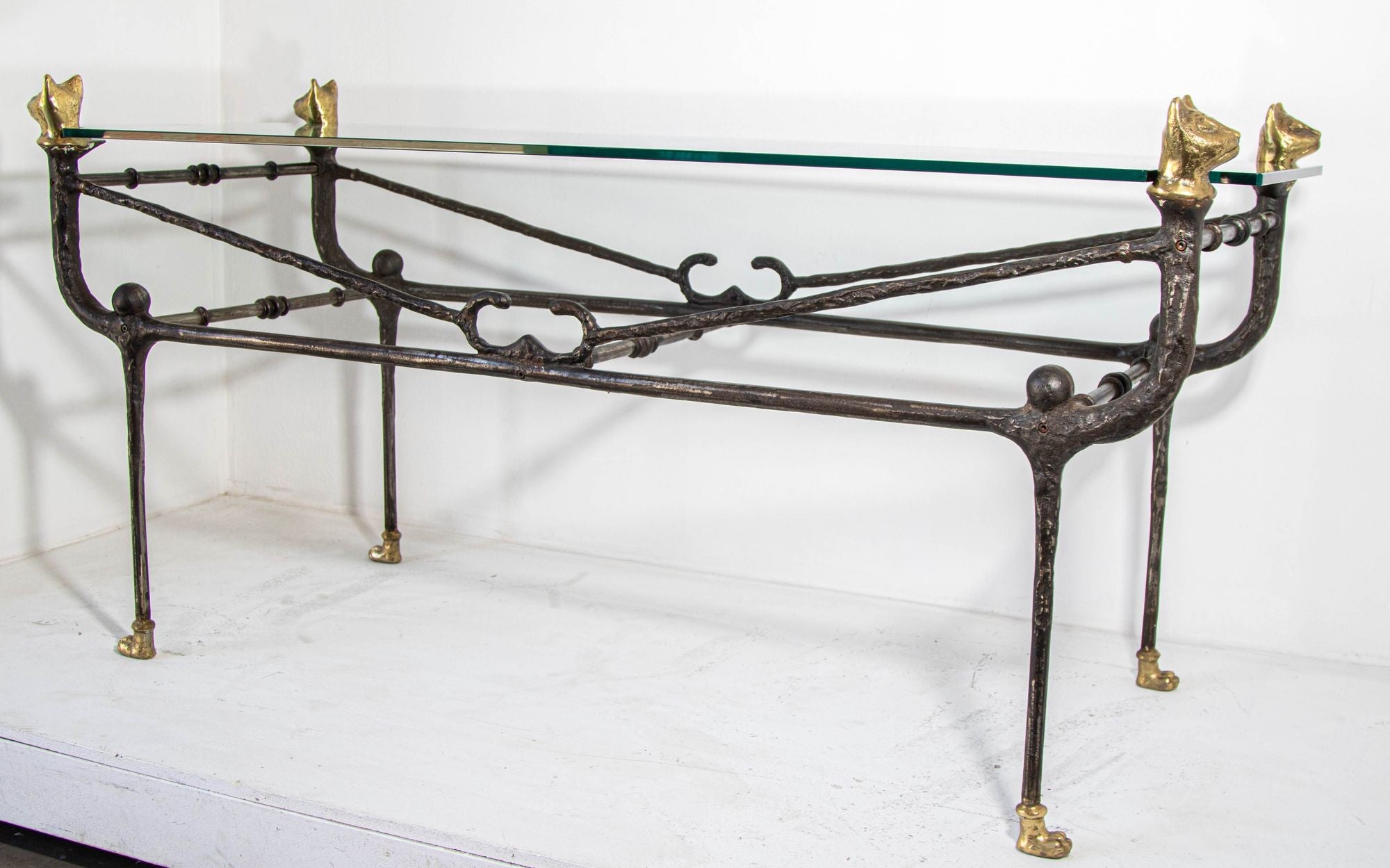 Giacometti Style Sculptural Brutalist Iron and Glass Console Table With Cat Head