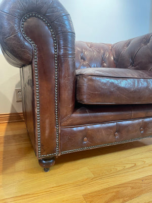 Vintage English Brown Leather Tufted Chesterfield Club Armchairs a Pair