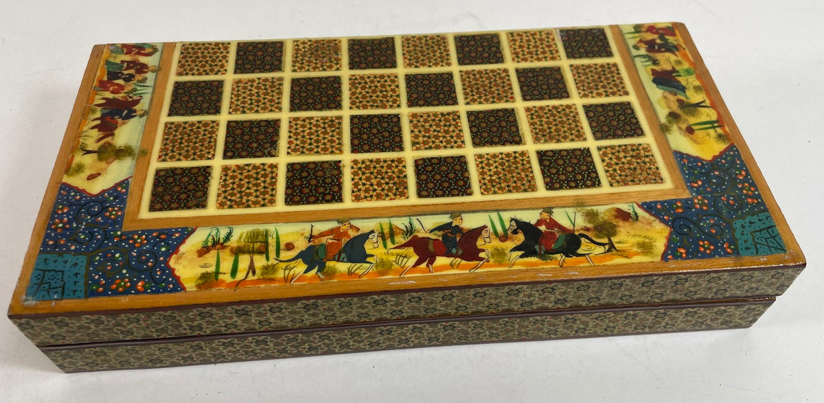 Vintage Persian Micro Mosaic Chess Box, Handcrafted Fruitwood, 1950s