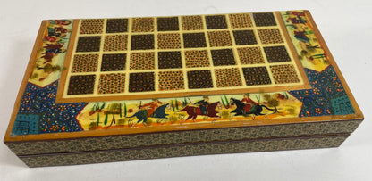 Vintage Persian Micro Mosaic Chess Box, Handcrafted Fruitwood, 1950s