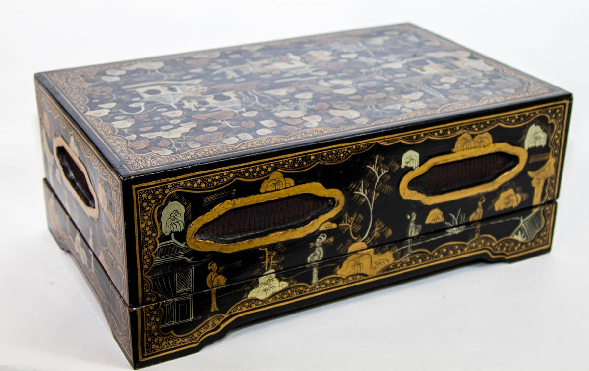Large Chinoiserie Rectangular Black Lacquered Gilt Painted Covered Box 1950s — additional view 17