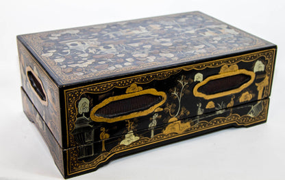 Large Chinoiserie Rectangular Black Lacquered Gilt Painted Covered Box 1950s — additional view 17