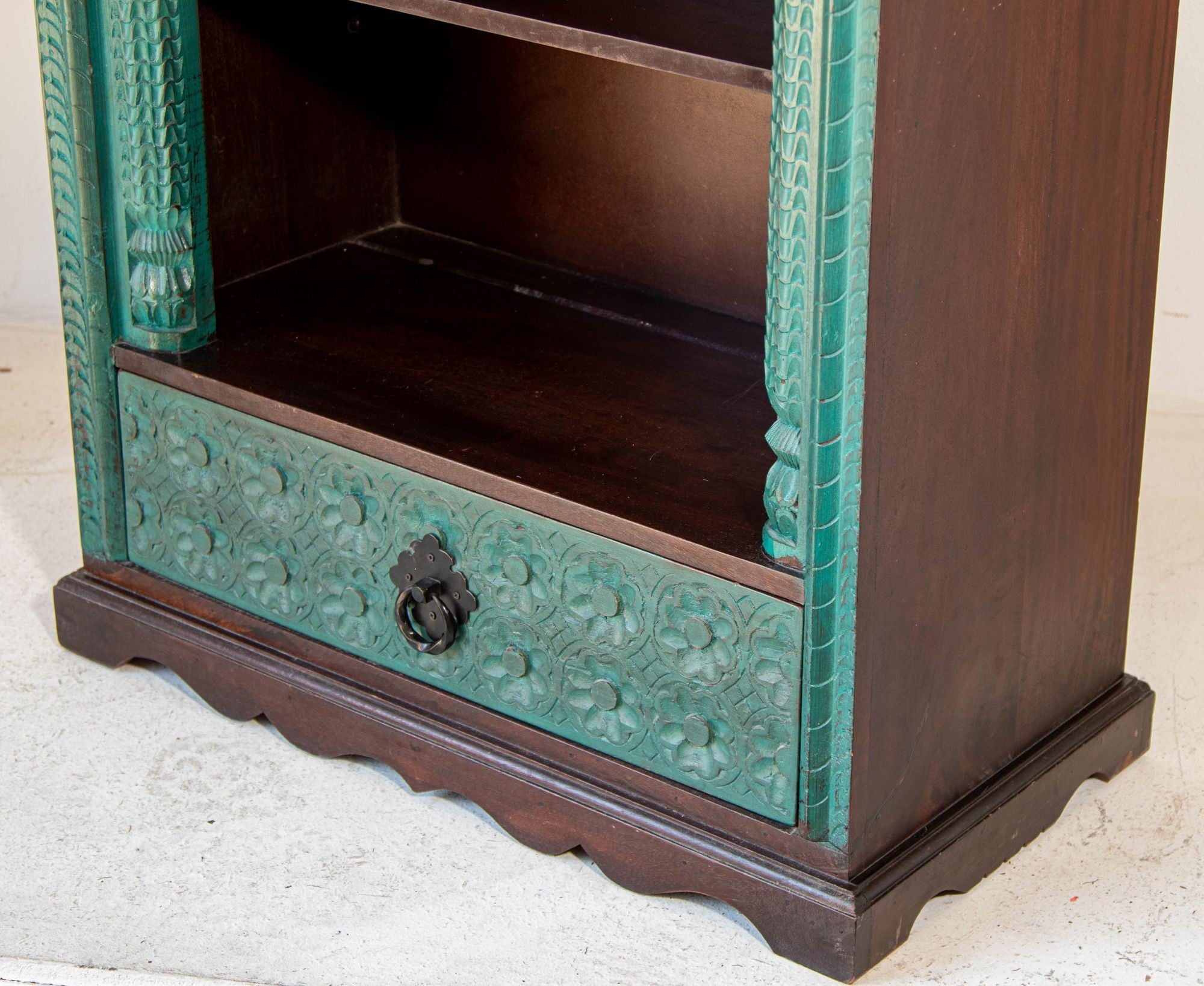 Hand-Carved Arch Bookshelf Wooden Cabinet in Rustic Blue