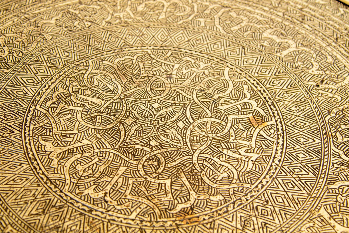 Moorish Islamic Brass Tray Table, Handcrafted in Spain, 1920s Design