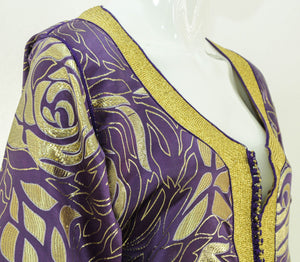 Moroccan Caftan Purple and Gold Damask Embroidered Vintage Kaftan 1960s