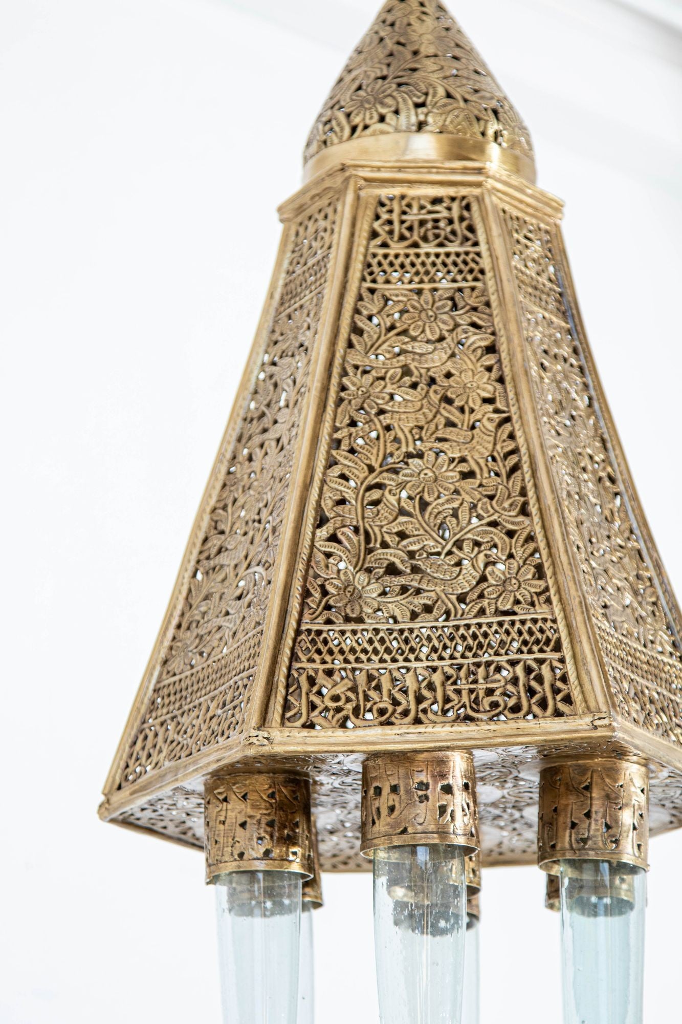 Antique Mamluk Turkish Pierced Brass Hanging Hexagonal Pendant Light Fixture