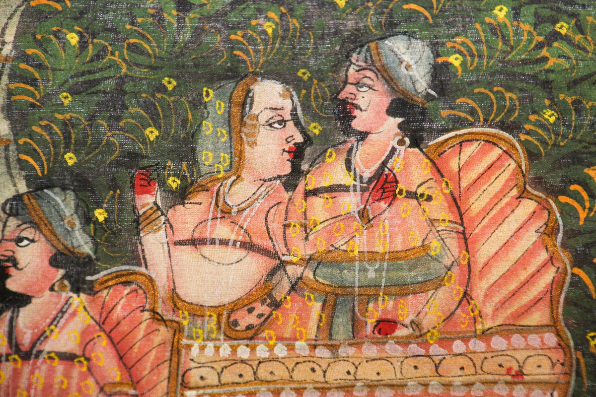 Large Vintage Mughal Raj Silk Painting of a Maharaja Royal Procession — India