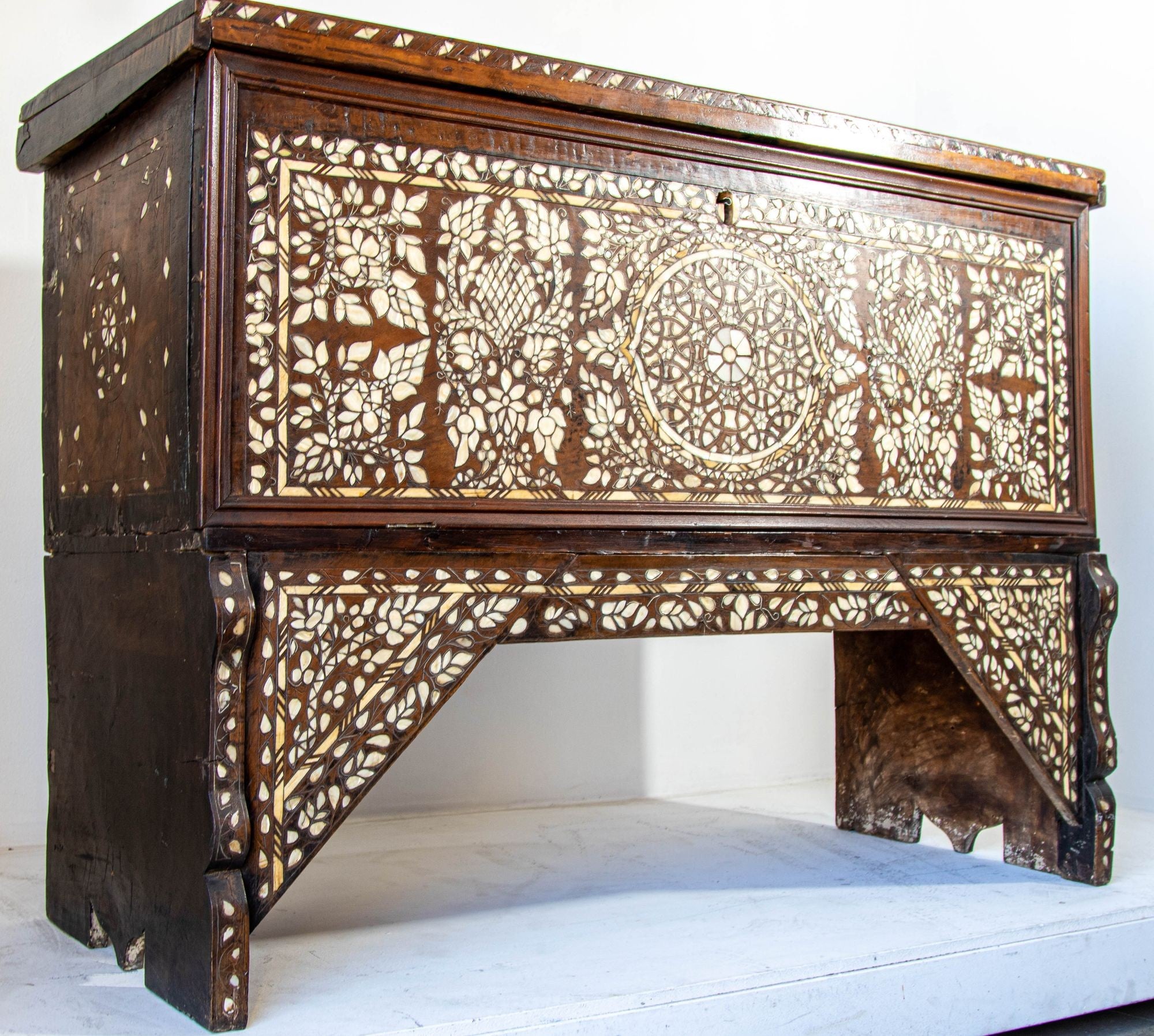 Antique Middle Eastern Mother of Pearl Inlay Dowry Trunk 19th C.