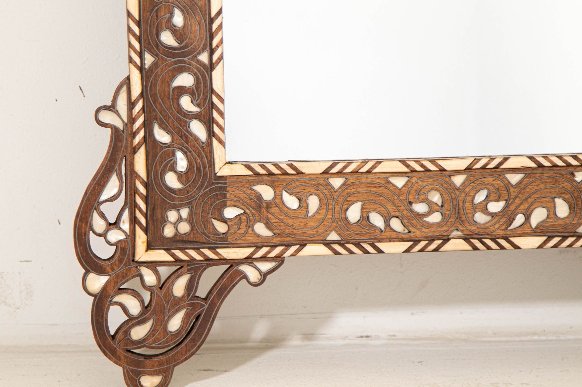 Damascene Moorish Bone Inlaid Mirrors With Floral Motif 52" H. A Pair