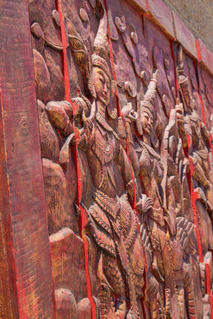 Antique Monumental Asian Hand-Carved Wooden Decorative Mural Panel 8ft