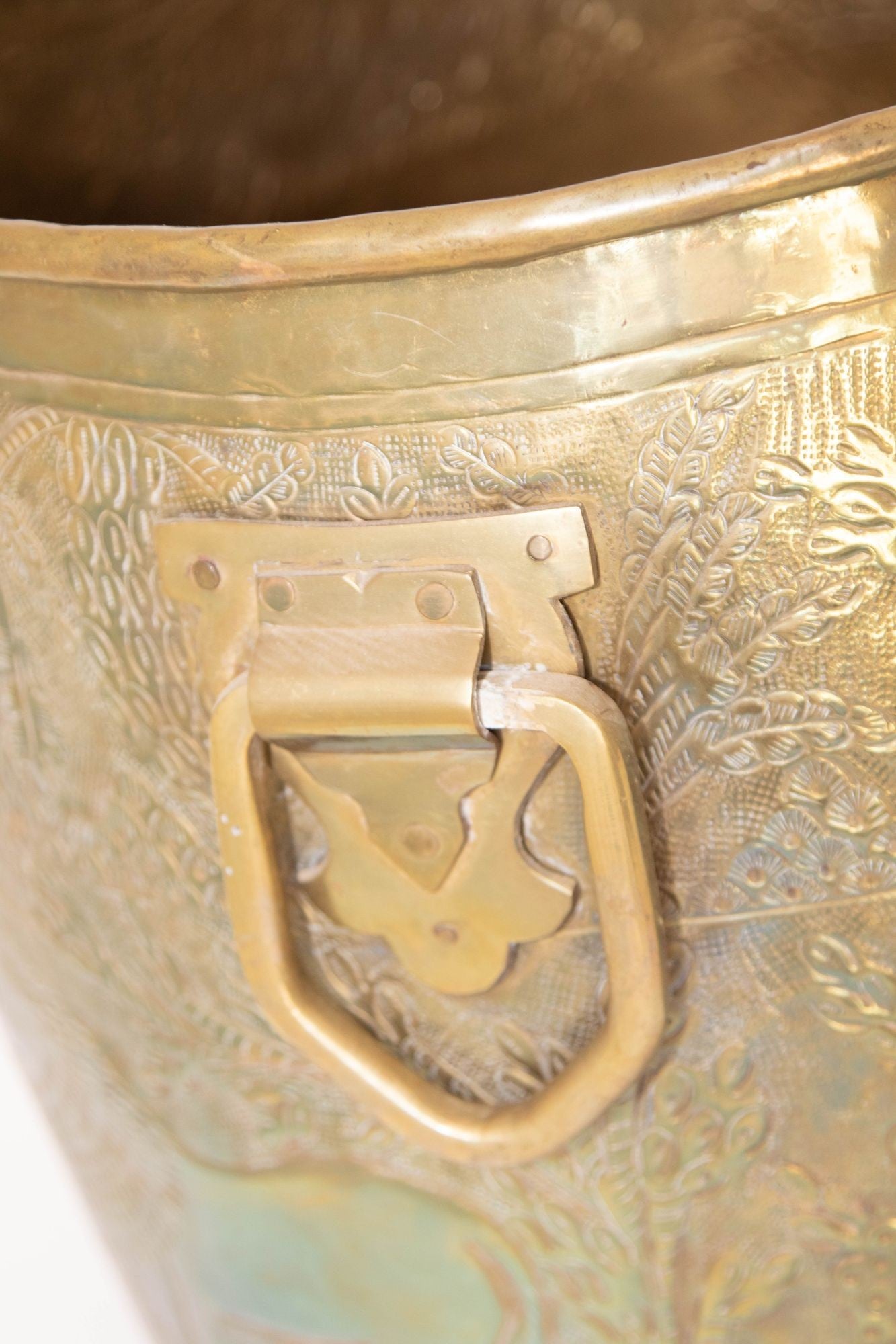 Large Vintage Polished Brass Planters Anglo Raj Hammered Jungle Design a Pair