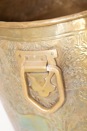 Large Vintage Polished Brass Planters Anglo Raj Hammered Jungle Design a Pair