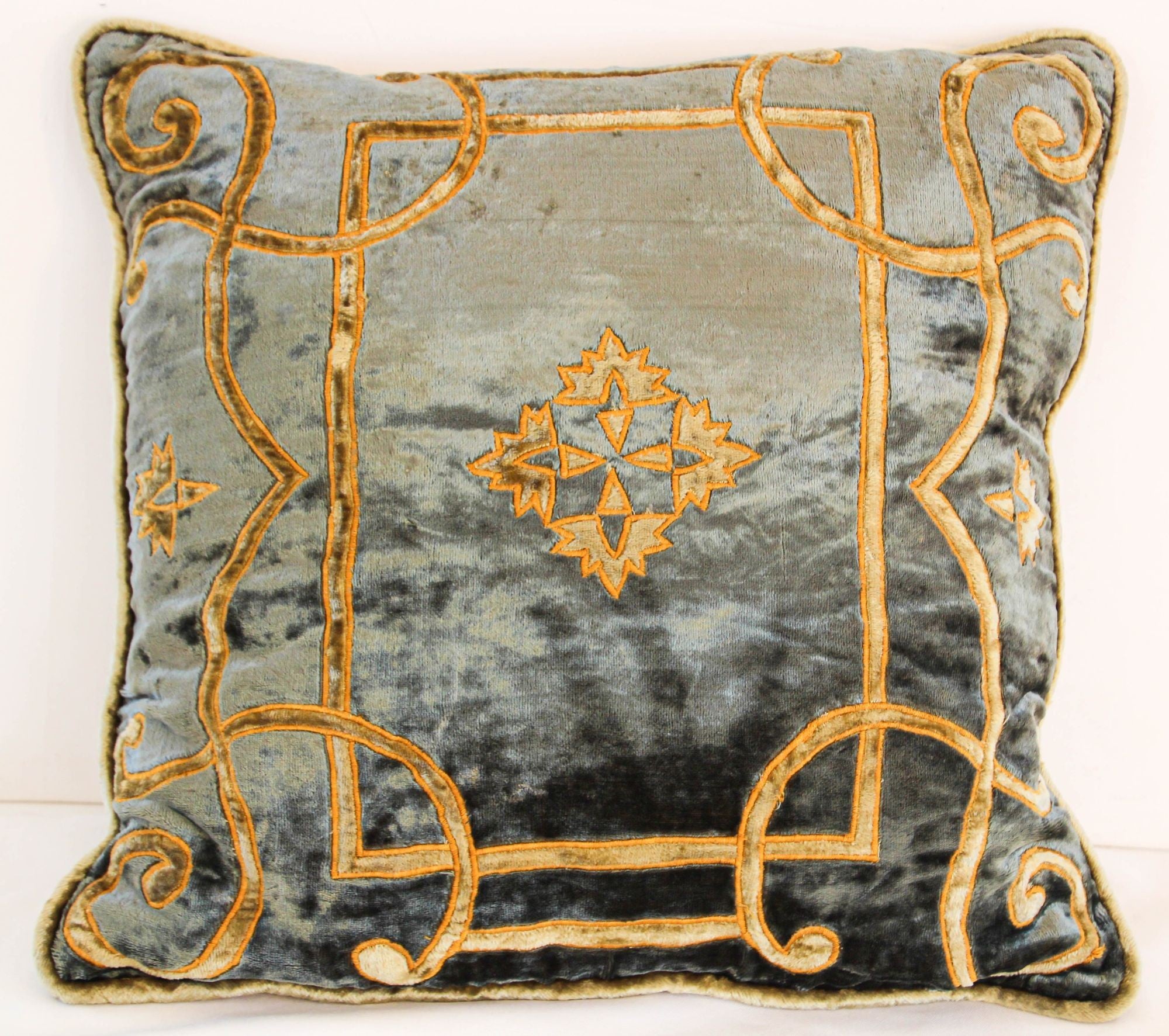 Baroque Venetian Style, Blue and Gold Velvet Pillow, Elaborate Applique Work
