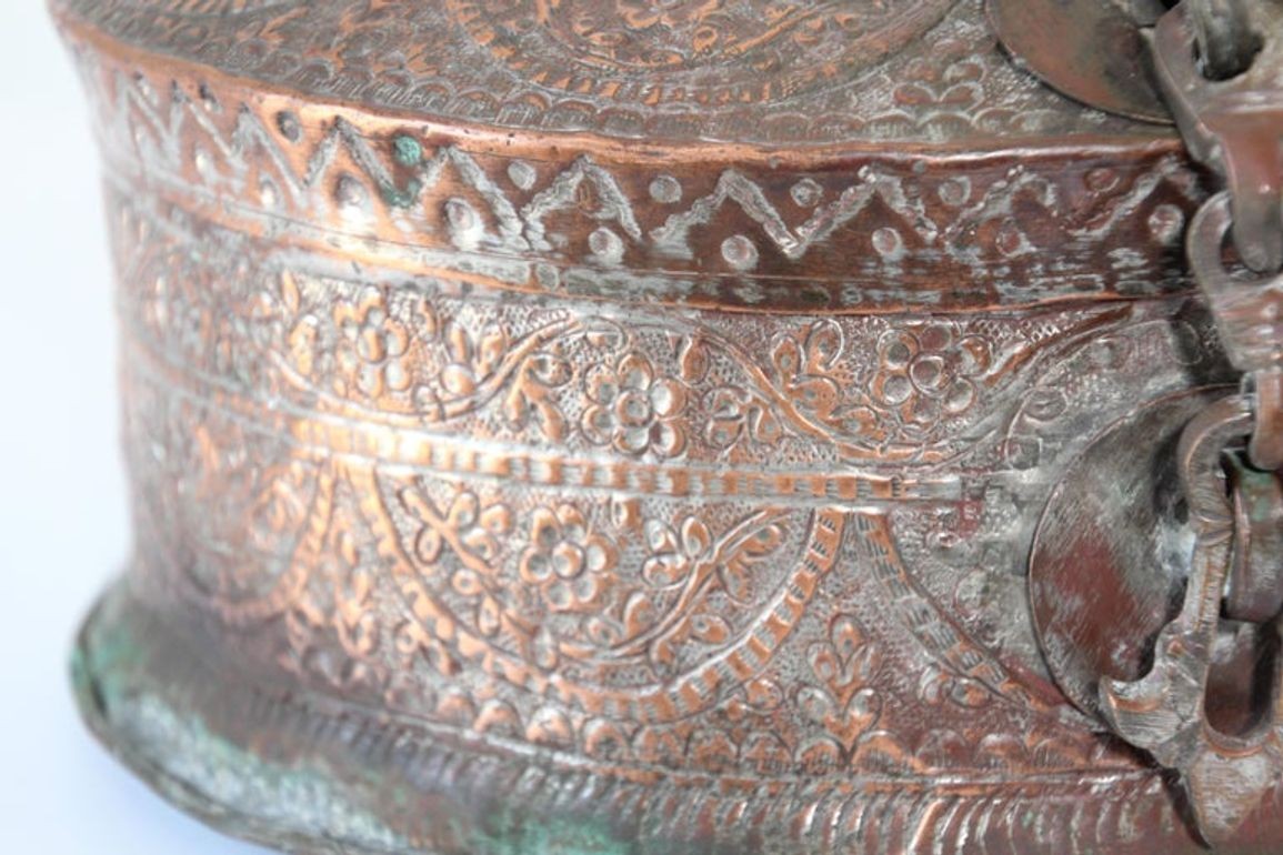 Antique South Asian Mughal Round Tinned Copper Box with Lid India 19th Century