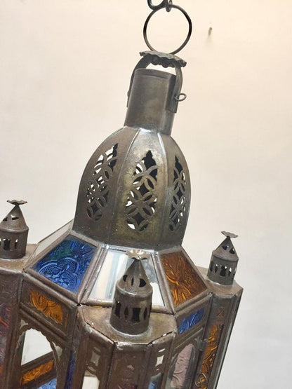 Moroccan Handcrafted Moorish Pendant Lantern with Multi-Color Glass