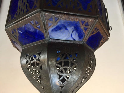 Handcrafted Moroccan Metal and Blue Glass Lantern, Octagonal Shape