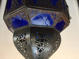 Handcrafted Moroccan Metal and Blue Glass Lantern, Octagonal Shape