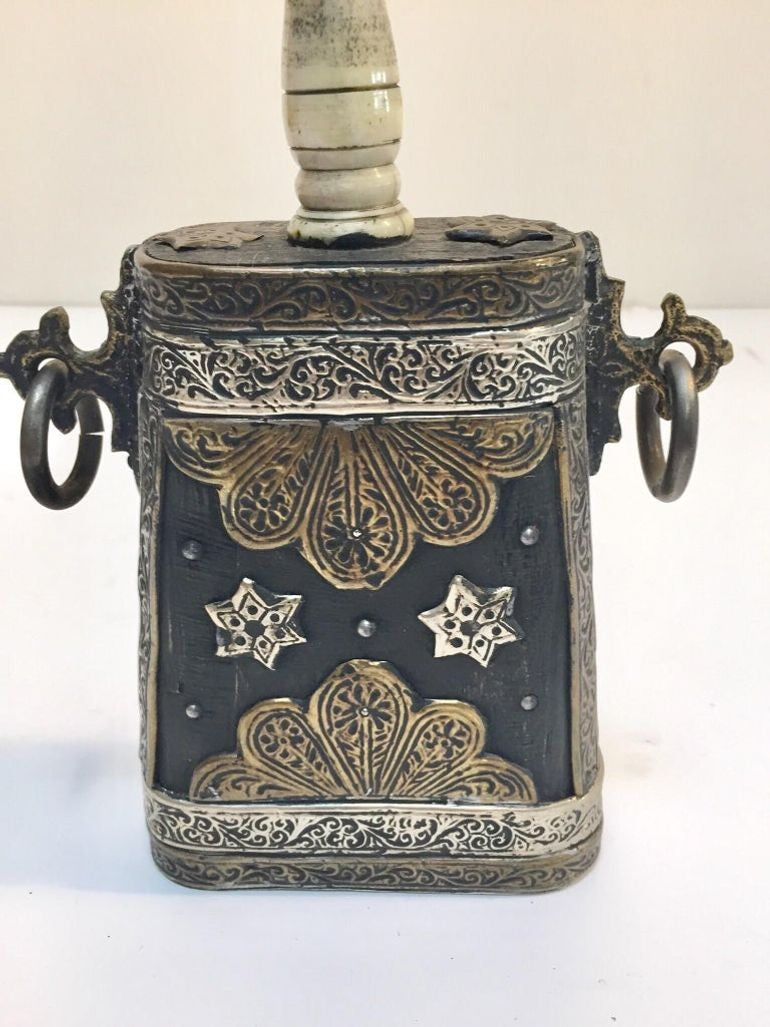 Antique Moroccan Berber Case Flask, Hand-Carved Wood & Brass, 1920s