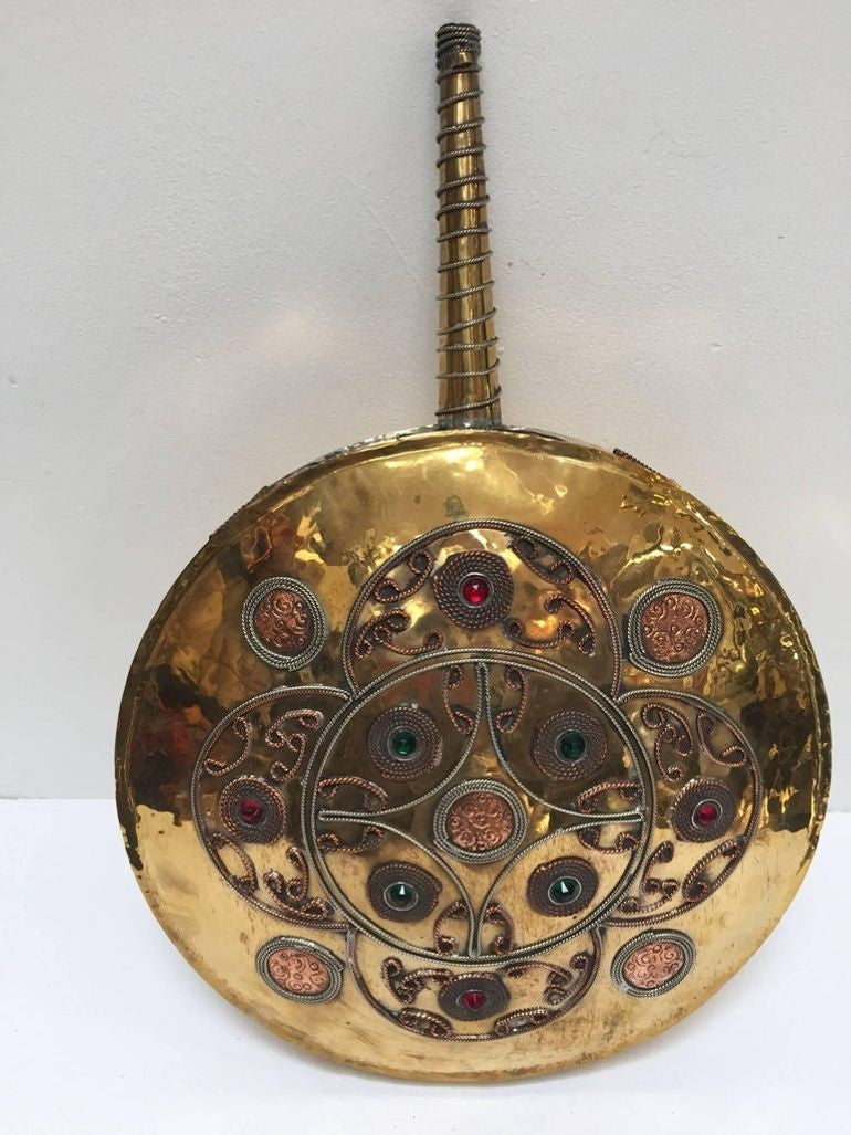 Handcrafted Moroccan Brass Drinking Flask with Glass Stones, 1940