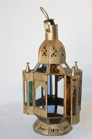 Moroccan Candle Lantern in Moorish Gilt Metal and Glass