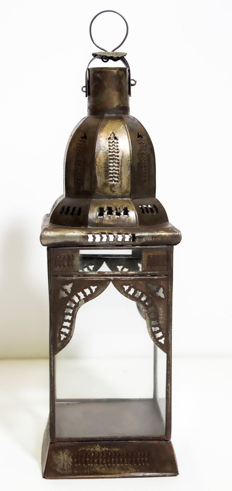 Moroccan Metal Candle Lantern in Moorish Square Metal and Clear Glass
