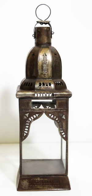 Moroccan Metal Candle Lantern in Moorish Square Metal and Clear Glass