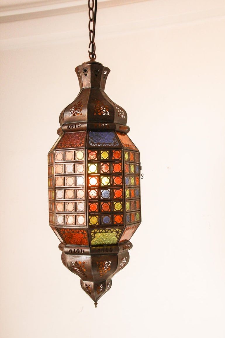 Moroccan Hanging Glass Lantern Moorish Metal Light Fixture with Stained Glass