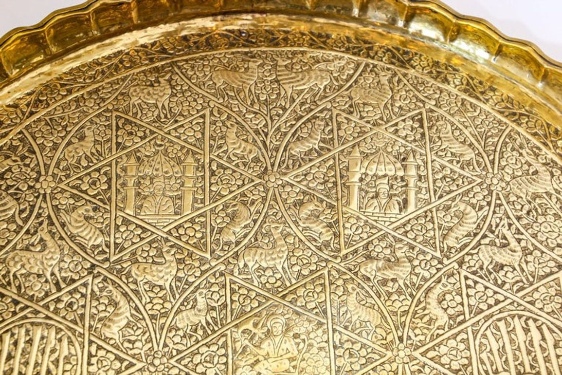 Large Antique Decorative Indo-Persian Mughal Hammered Brass Tray 19th c.