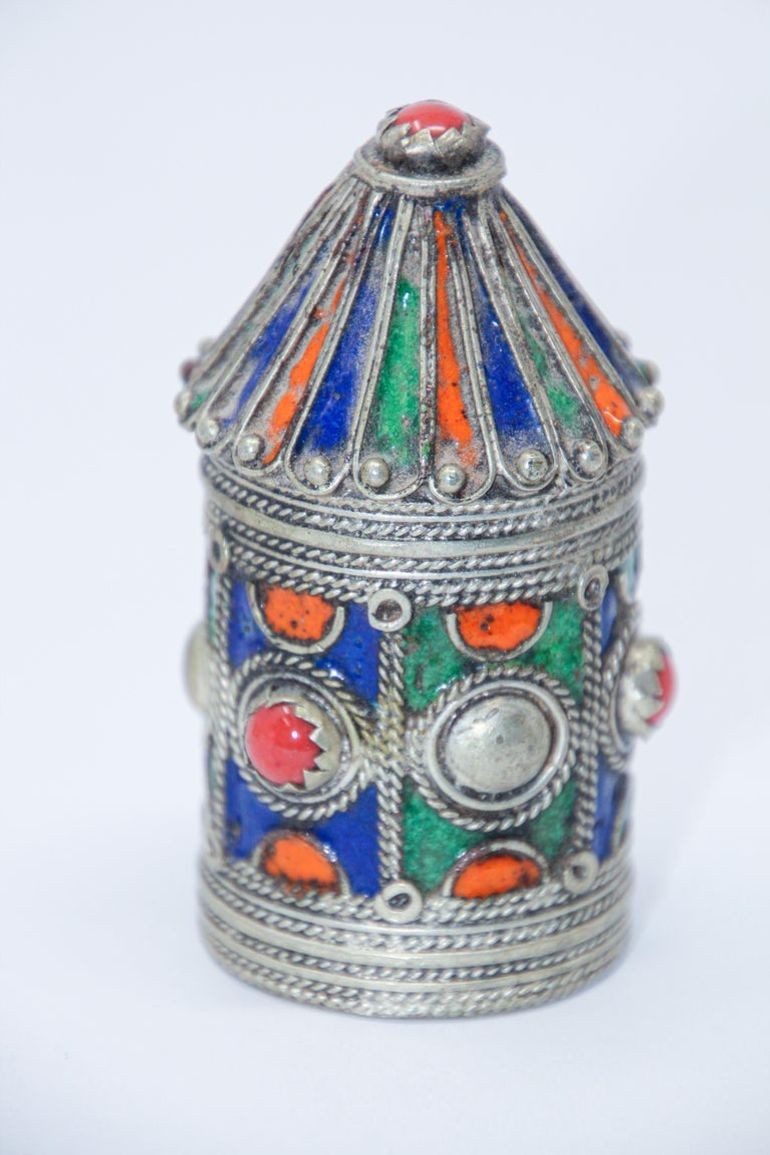 Antique Kabyle Berber Silver & Enamel Kohl Jewelry Box, Algeria, circa 1920s