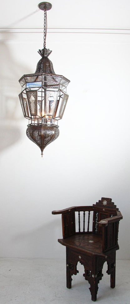 Vintage Moroccan Moorish Clear Glass Pierced Metal Lantern Chandelier, 1980s