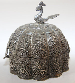 Antique Mughal Silver Chased Collectible Box Trinket Pandan Box, North India