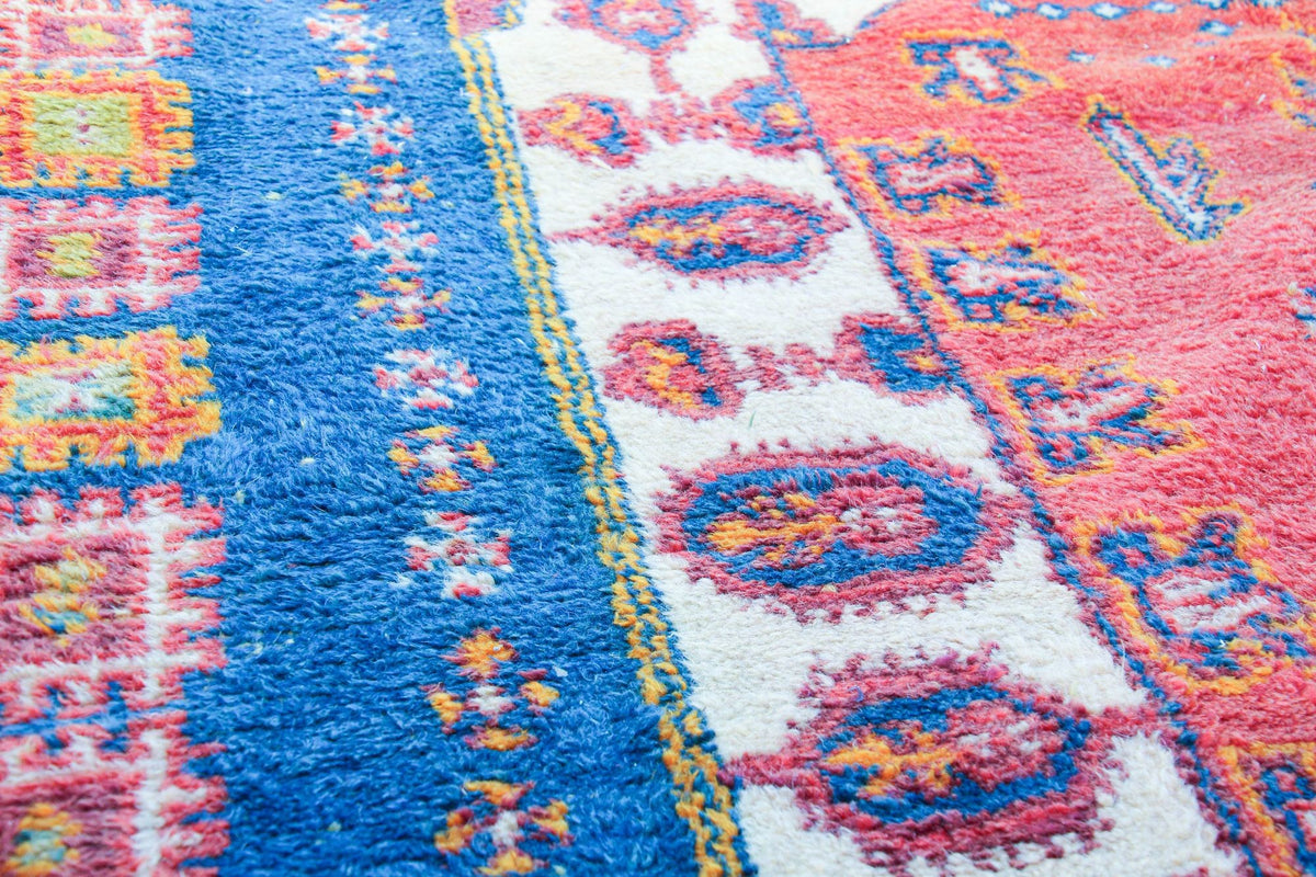 1960s Moroccan Berber Rug in Royal Blue, Pink and Orange Colors