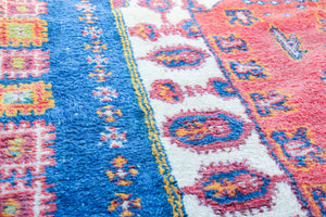 1960s Moroccan Berber Rug in Royal Blue, Pink and Orange Colors